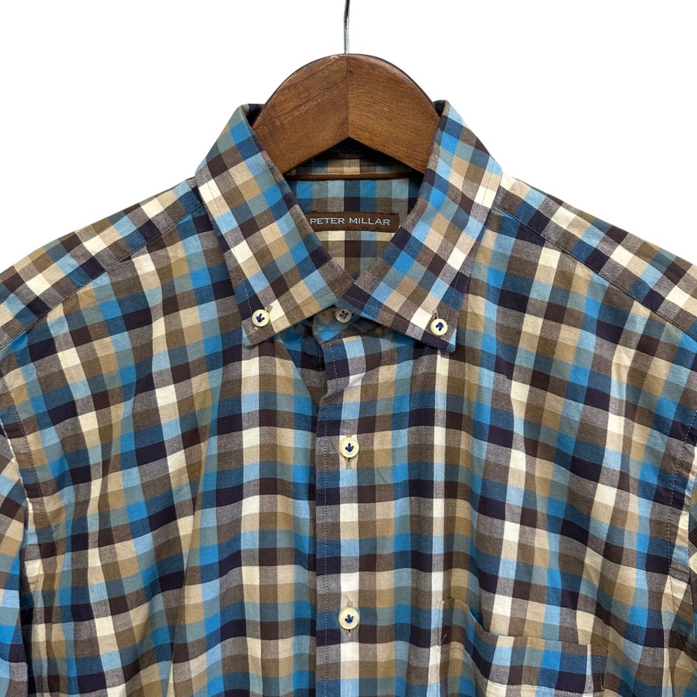 Peter Millar Mens Size M Blue Brown Plaid Check Cotton Button Down Shirt Preppy
